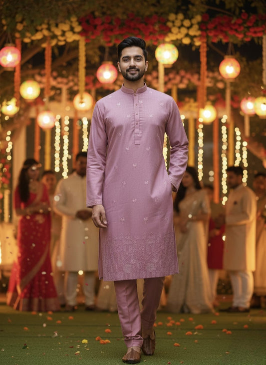 Man in a pink kurta standing in a decorated outdoor setting with people in the background.