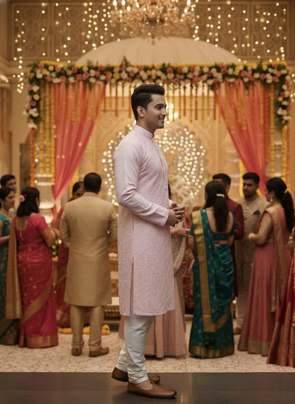 Man in a pink traditional outfit standing in a decorated indoor setting with people around.