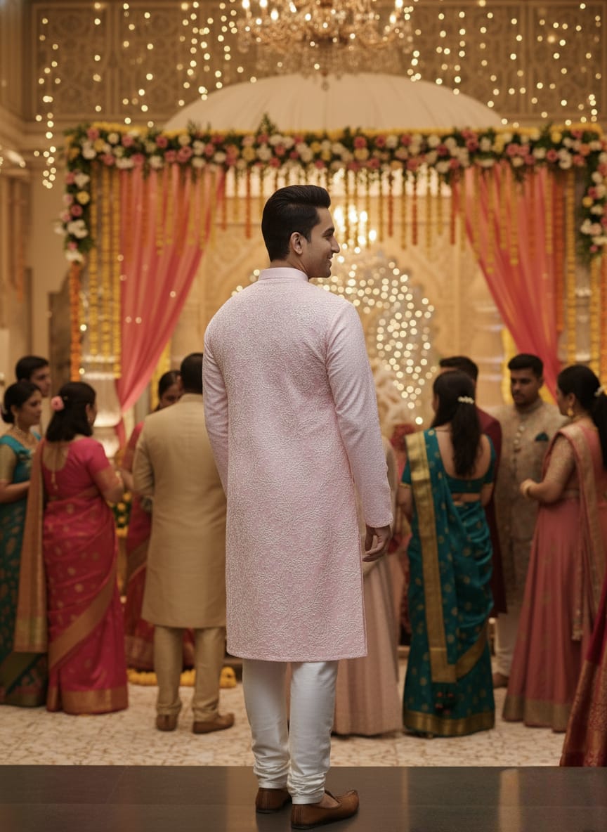 Man in a pink sherwani standing in front of a decorated stage with people around him.