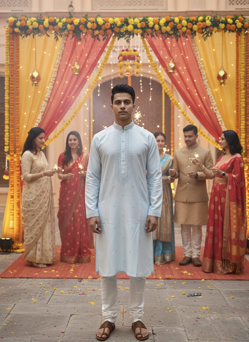 Man in a light blue kurta standing in front of a decorated arch with people in traditional attire.
