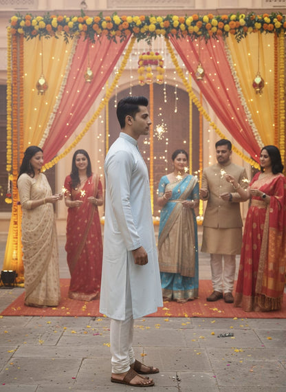Traditional Indian wedding ceremony with decorated backdrop and people holding sparklers.