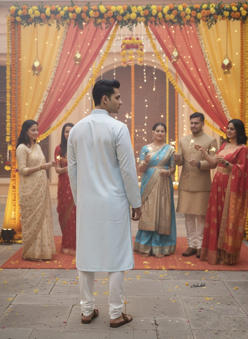 Traditional Indian wedding ceremony with decorated arch and people in formal attire.