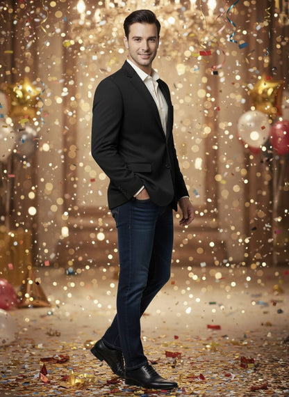Man in a suit standing in a festive setting with balloons and lights