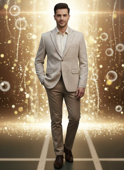 Man in a beige suit standing against a sparkling gold background