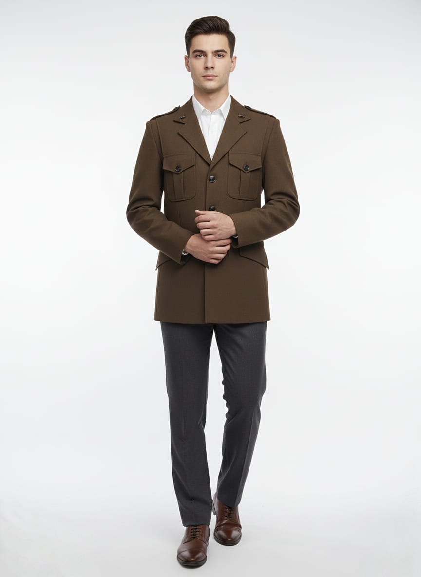 Man wearing a brown jacket and dark pants on a white background