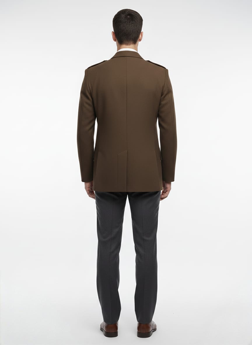Man wearing a brown suit jacket and gray pants on a white background