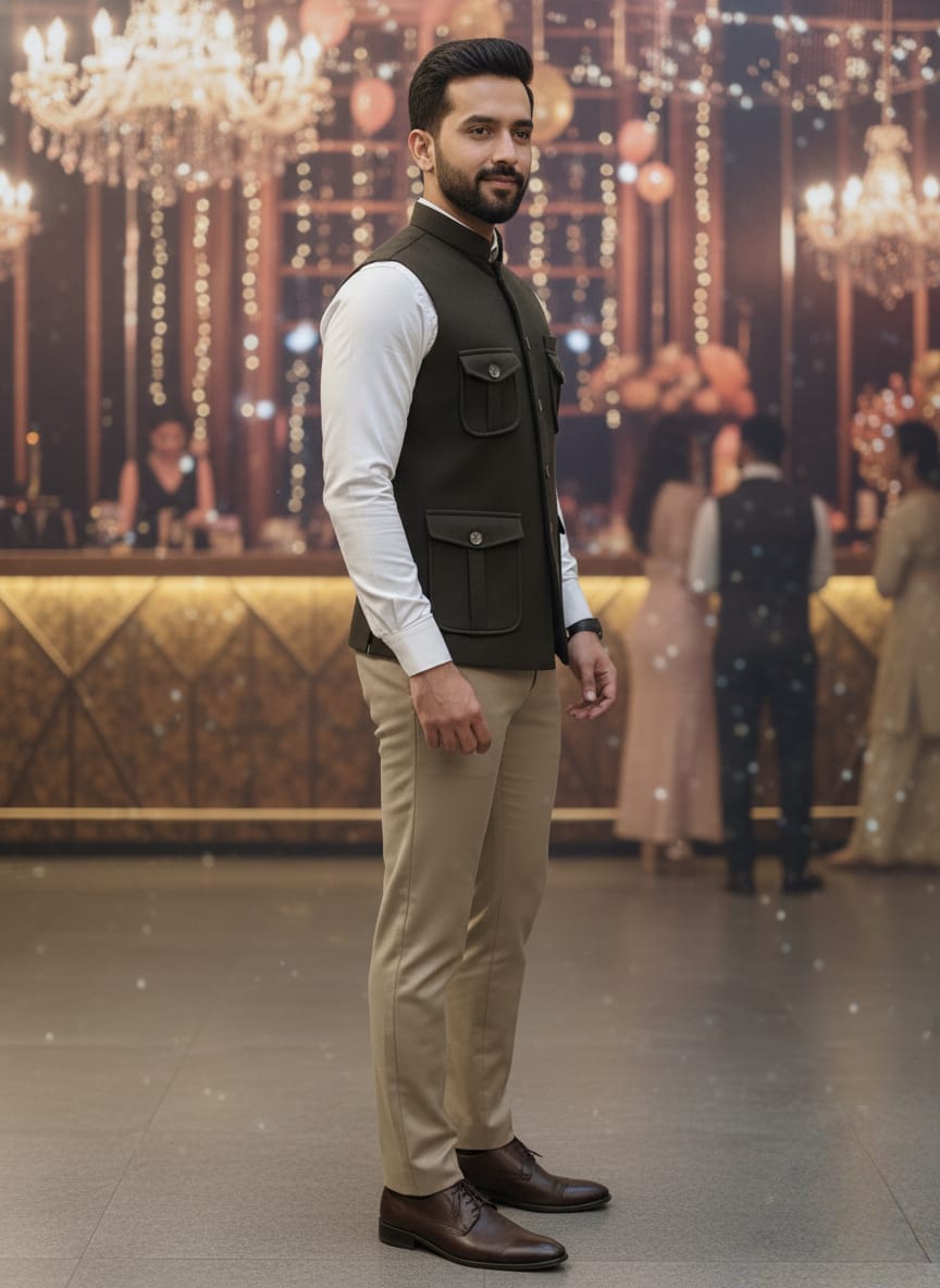 Man in formal attire standing in a decorated indoor setting with chandeliers.