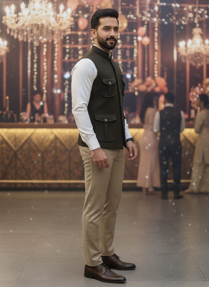 Man in formal attire standing in a decorated indoor setting with chandeliers.