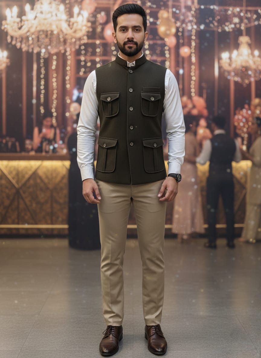 Man wearing a dark vest over a light shirt with beige pants in an indoor setting.