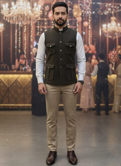 Man wearing a dark vest over a light shirt with beige pants in an indoor setting.