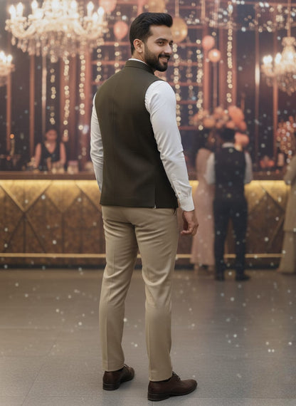 Man in formal attire standing in a decorated room with chandeliers.