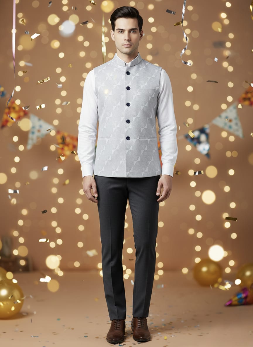 Man wearing a light gray patterned vest over a white shirt with dark pants against a festive background.