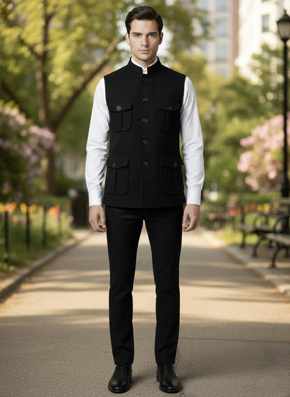 Man wearing a black vest over a white shirt in a park setting