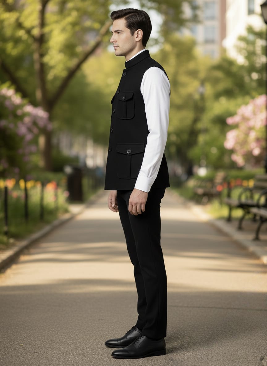Man in formal attire standing on a park path with trees and benches in the background