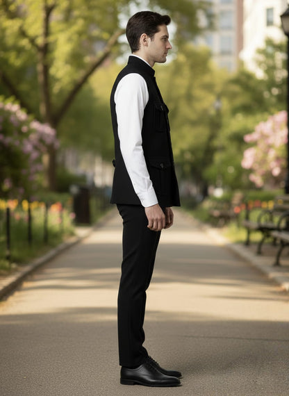 Man in a black vest and white shirt standing on a park path with trees and benches in the background.