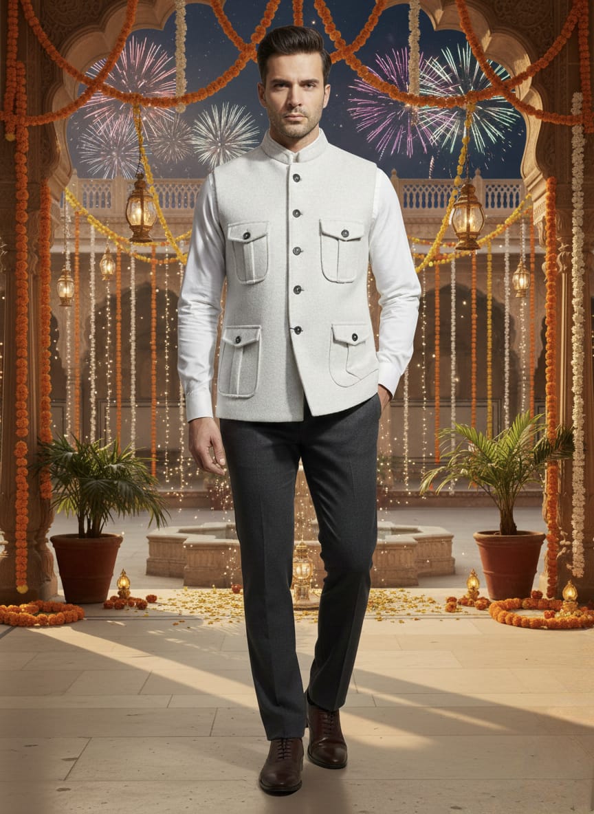 Man in a white shirt and dark pants standing in front of decorative fireworks and plants.
