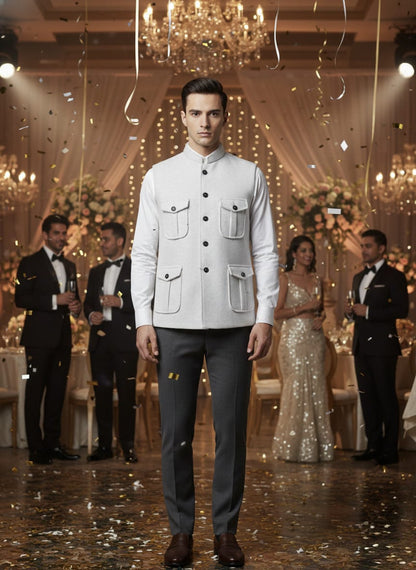 Man in a white shirt and gray pants standing in a formal event setting with chandeliers and guests.