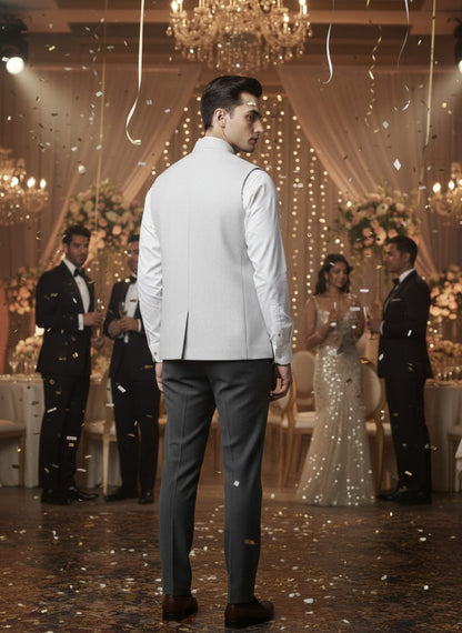 Man in a suit standing in a decorated room with chandeliers and guests.