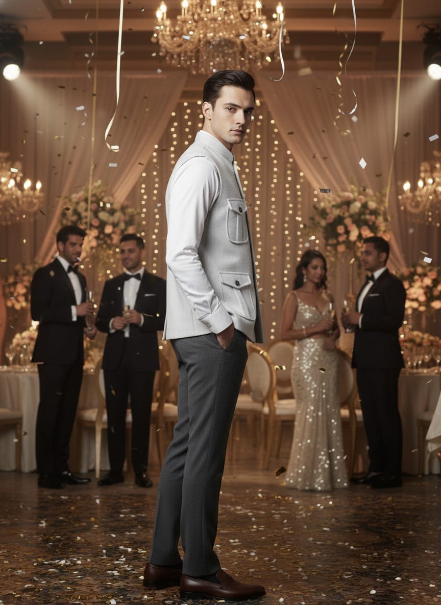Man in formal attire standing in a decorated banquet hall with chandeliers and floral arrangements.