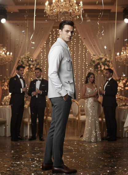 Man in formal attire standing in a decorated banquet hall with chandeliers and floral arrangements.