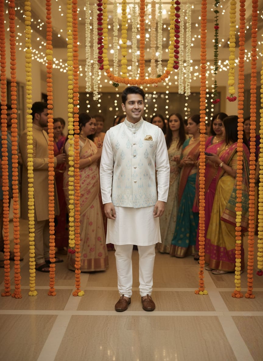 Man in traditional attire standing in a decorated indoor setting with people in the background.