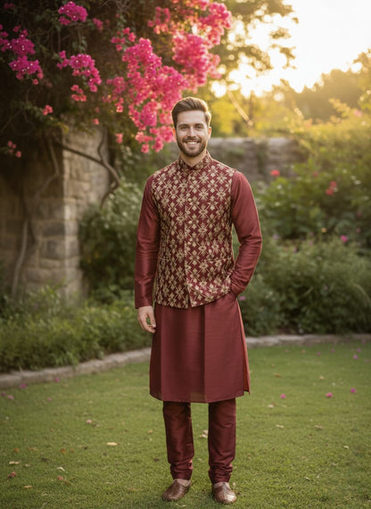 Man in traditional maroon kurta with floral pattern standing in a garden with pink flowers and greenery.