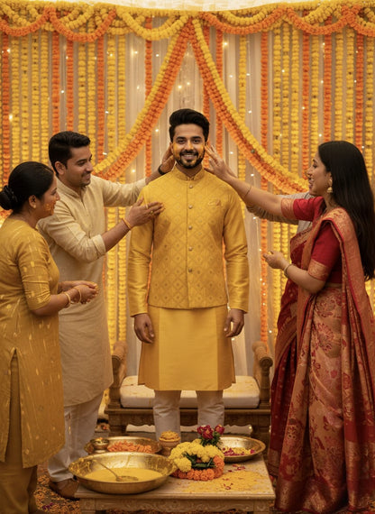 Yellow Bahar Mirror Embroidery Celebration Kurta | Waak