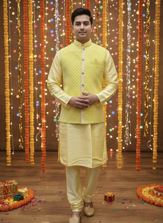 Man wearing a light yellow traditional outfit with a decorative background