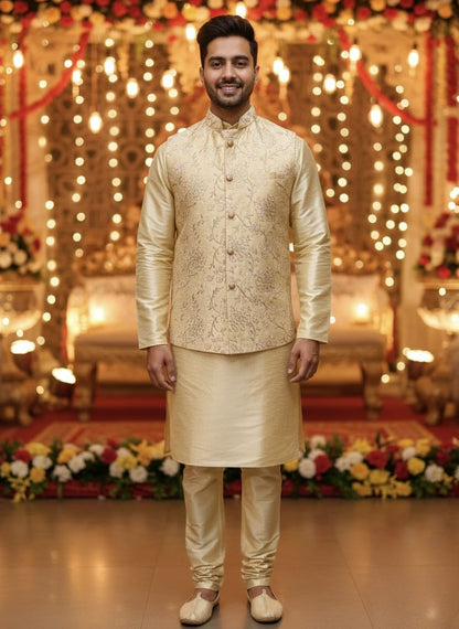 Man wearing a traditional Gold sherwani in front of a decorated background with lights and flowers.