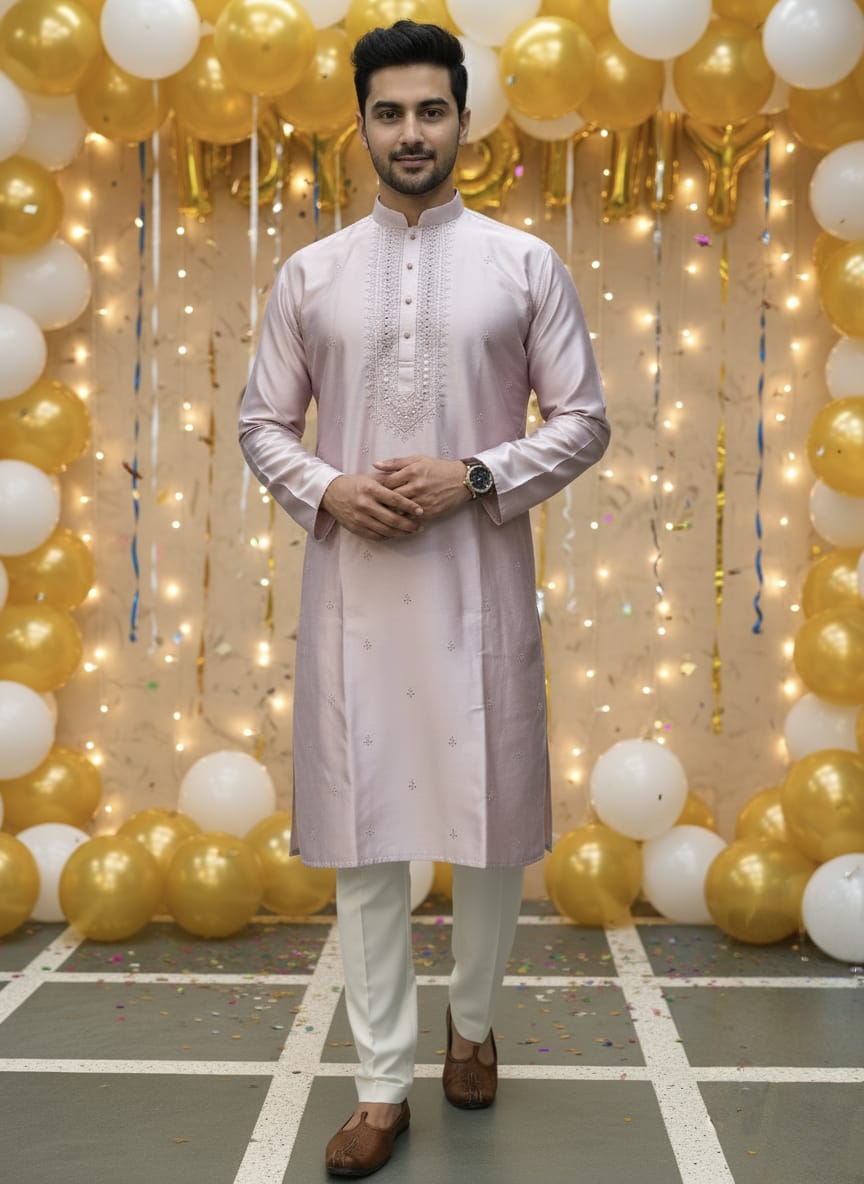 Man in a light pink kurta with white pants standing in front of gold and white balloons.