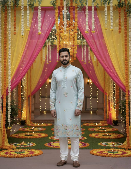 Cloud Blue Silk Embroidery Kurta Set | Waak