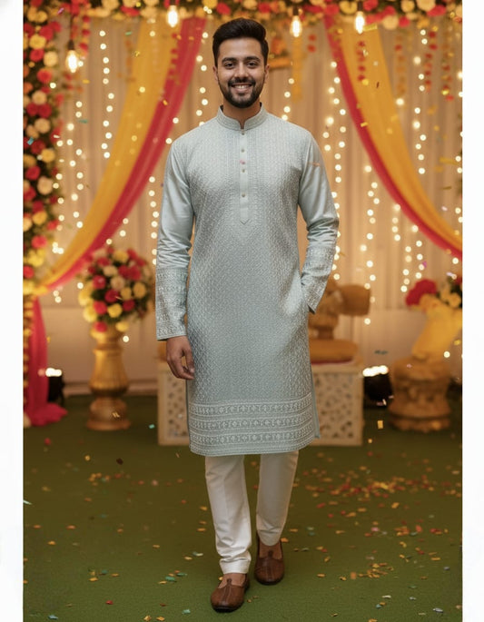 Green & White All Over Thread Work Ombré Kurta Set | Waak