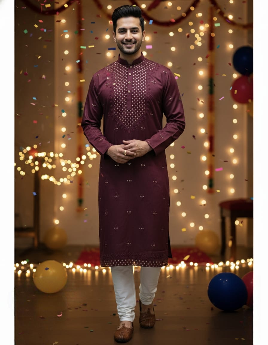 Man wearing a wine kurta with white pants in a decorated indoor setting with lights and balloons.