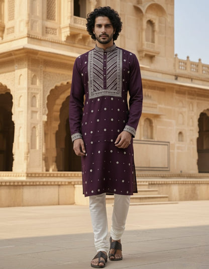 Shubh Muhurat Silk Embroidery Kurta Set | Waak