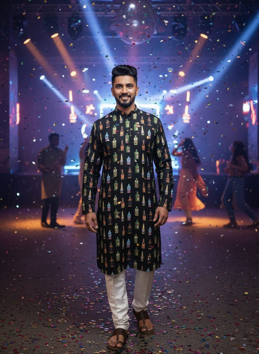 Black Bottle Print Kurta Set| Waak