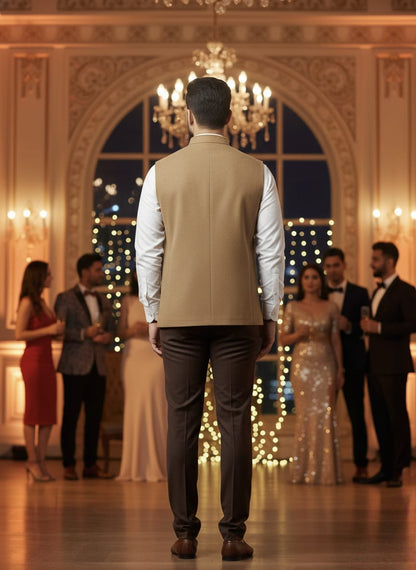 Man in formal attire standing in a elegant indoor setting with chandeliers and people in the background.