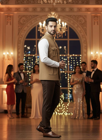 Man in formal attire standing in a elegant indoor setting with people in the background