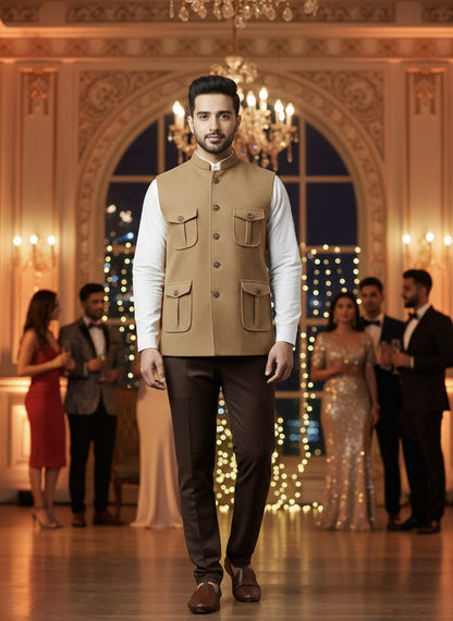 Man in a beige vest standing in an elegant indoor setting with people in formal attire.