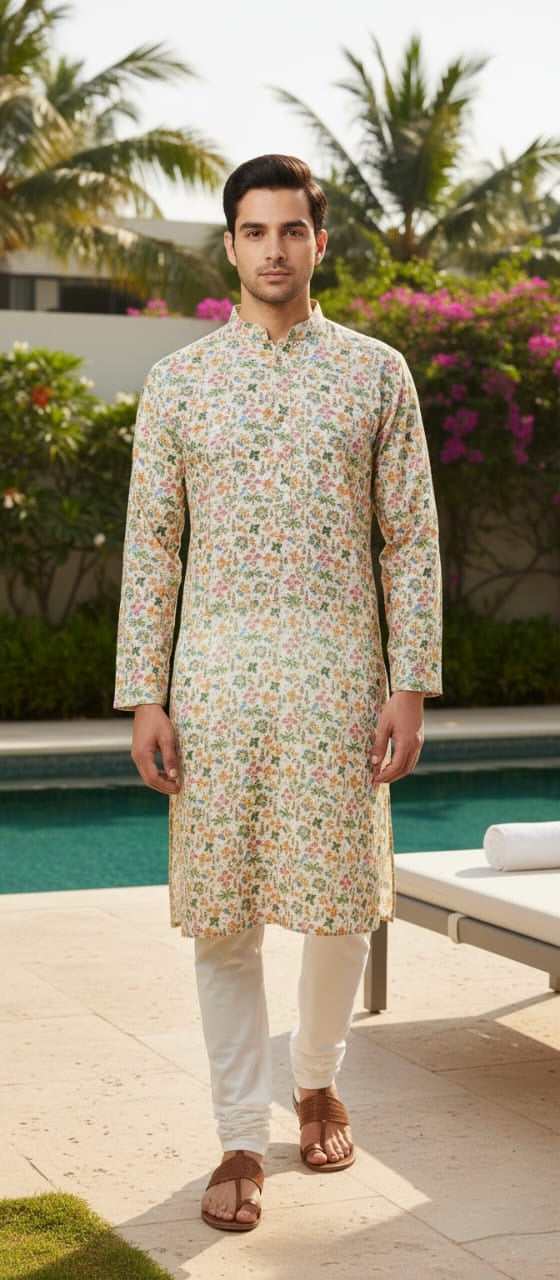 Man wearing a patterned kurta with white pants standing by a poolside with greenery in the background.